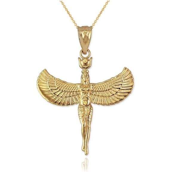 14K Yellow Gold Isis Egyptian Goddess Pendant Necklace