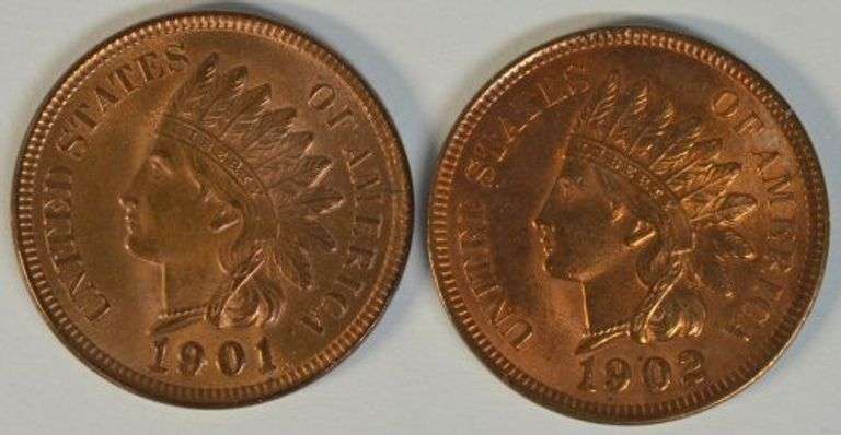 Impressive Full Mint Red Gem BU 1901 & 1902 Indian Head Cents