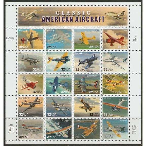 Rare 1997 Classic American Aircraft Stamps Full Sheet of 20