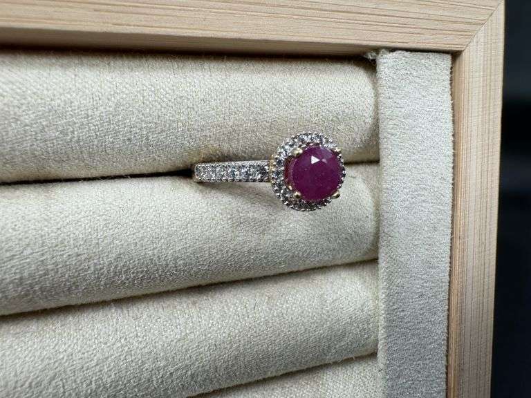 10k Yellow Gold Natural Ruby Gemstone Ring with White CZ Halo Size 7