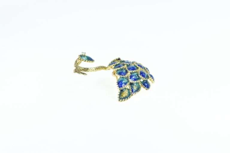 14K Yellow Gold Ornate Enamel Peacock Diamond Pin/Brooch
