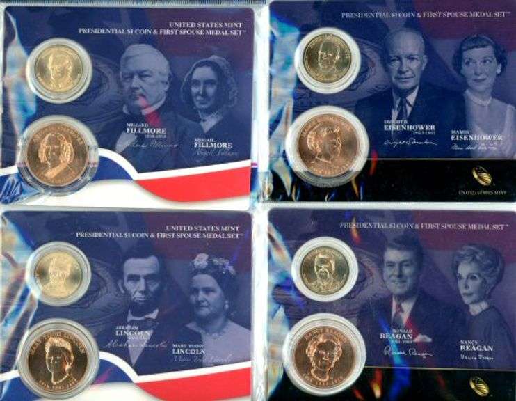 4 Different Sealed Presidential Spouse Medal and Dollar Sets: Filmore, Lincoln, Eisenhower, & Reagan