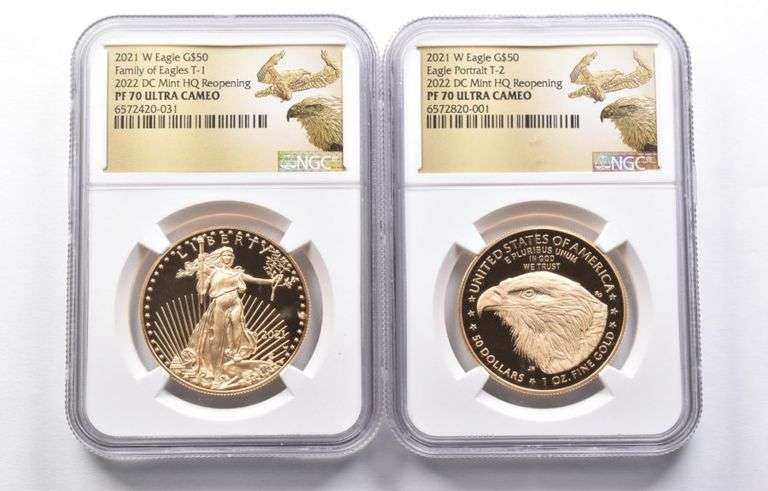 (2) PF70 2021-W $50 American Gold Eagle T-1 & T-2 2022 DC Mint HQ NGC