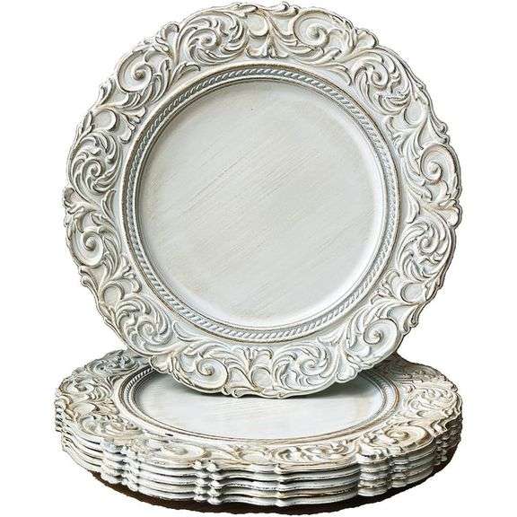 Set of 6 Antique White Charger Plates