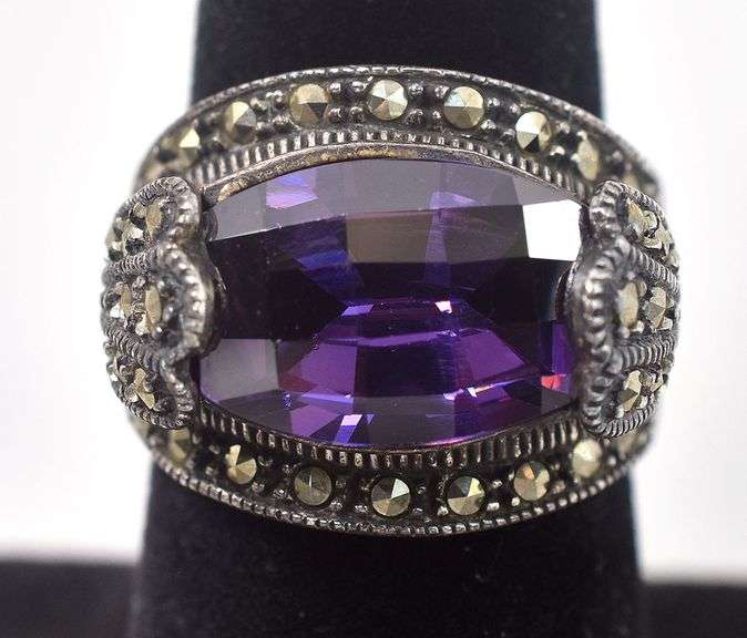 Amethyst and Marcasite Gemstone Ring in Sterling Silver