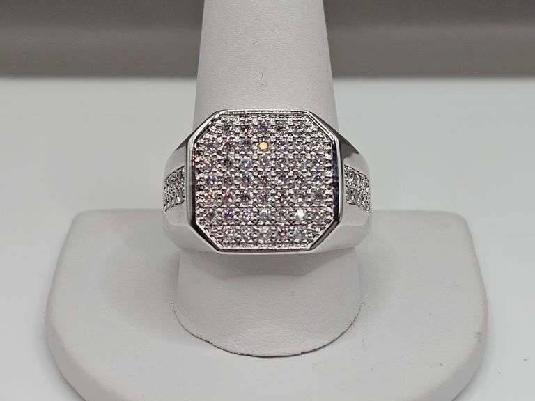 Mens 14 Kt Tri-Layered White Gold Lab Simulated Diamond Ring