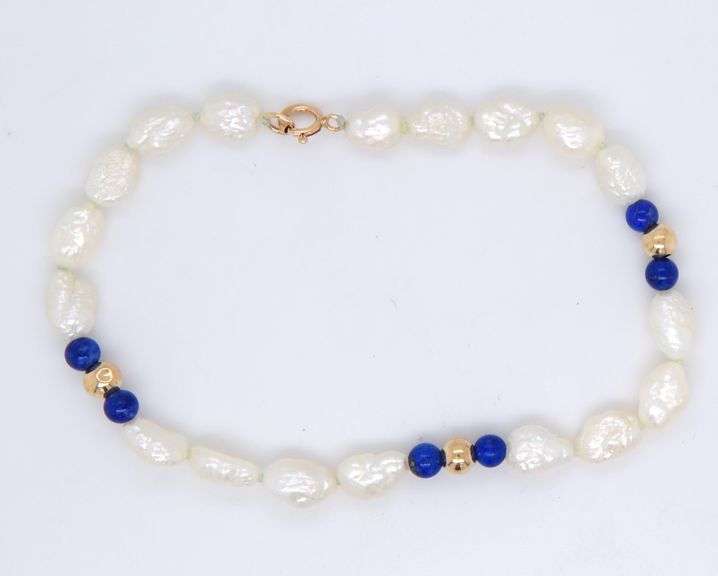 Set of Pearl bead and Lapis necklace and bracelet