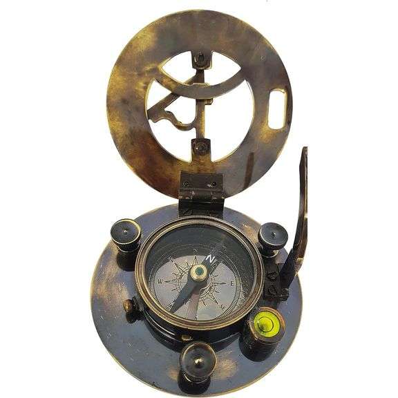 Antique Brass Sundial Compass with Box