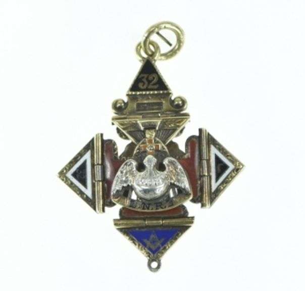 14K Yellow Gold 32 Degr. Masonic Enamel Articulated Eagle Charm/Pendant