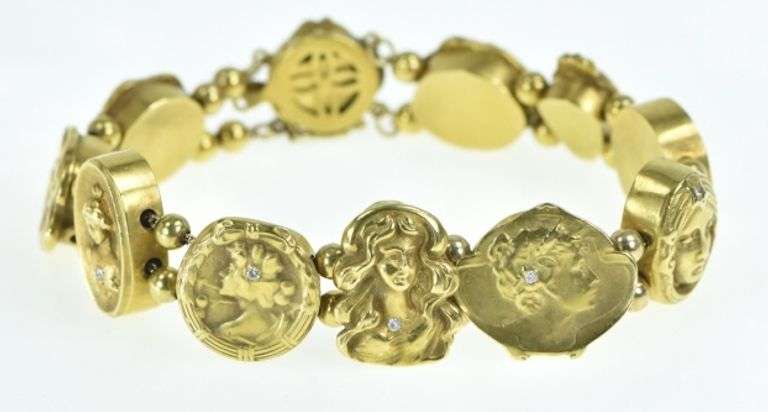 14K Yellow Gold Art Nouveau Diamond Lady Slide Charm Bracelet