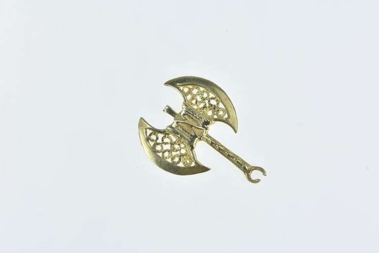 14K Yellow Gold Filigree Double Axe Ornate Weapon Charm/Pendant