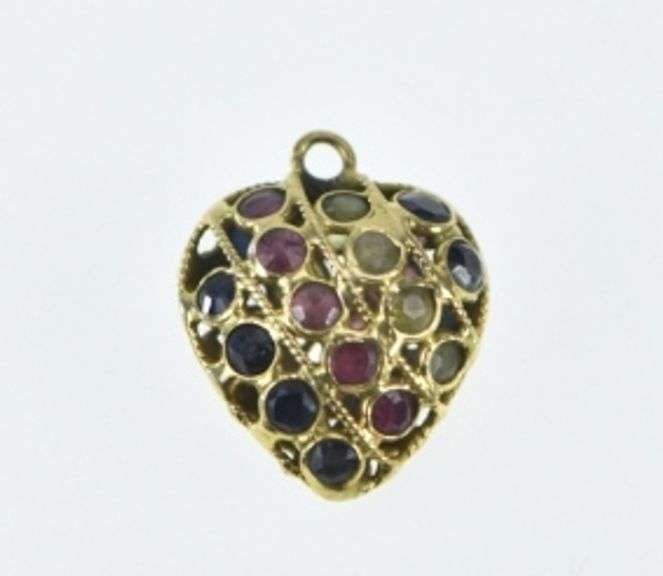 21K Yellow Gold Pave Sapphire Ruby Peridot Heart Charm/Pendant