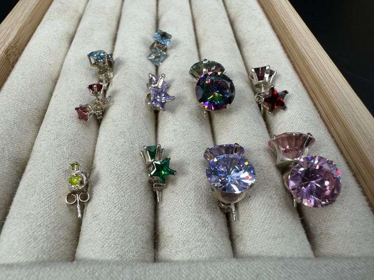 Sterling Silver CZ Earrings Lot of 10 Pairs Various Sizes and Styles