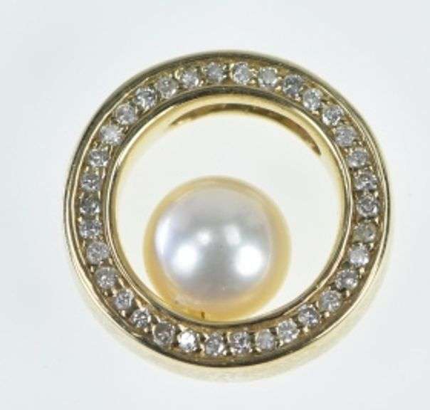 14K Yellow Gold 0.25 Ctw Diamond Pearl Circle Round Pendant