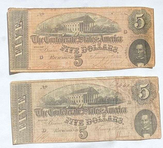 2 Red Feb 17 1864 $5 Confederate States Note