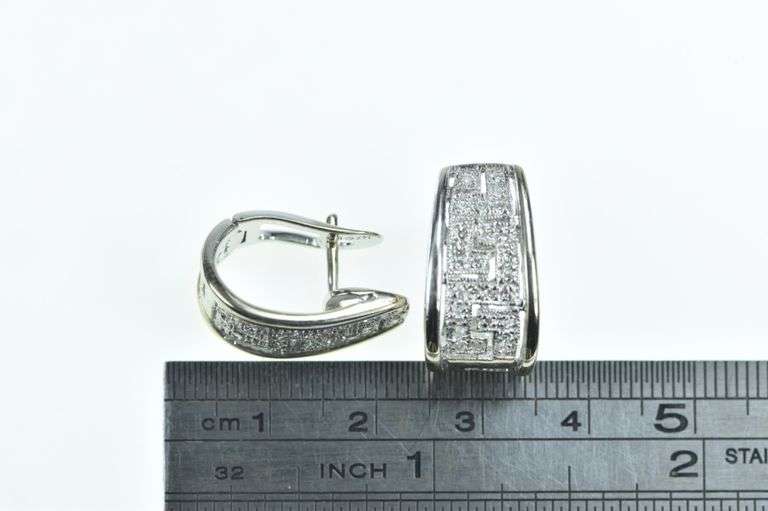 14K White Gold Diamond Greek Wave Vintage Hoop Earrings