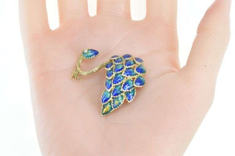 14K Yellow Gold Ornate Enamel Peacock Diamond Pin/Brooch