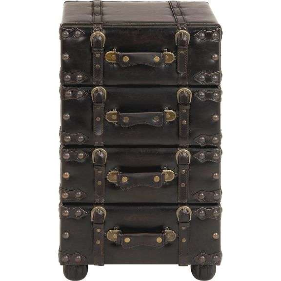 Vintage Black Leather 4-Drawer Storage Chest with Gold Studs