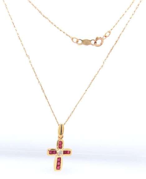 10kt Yellow gold Ruby and diamond accent cross pendant on chain necklace