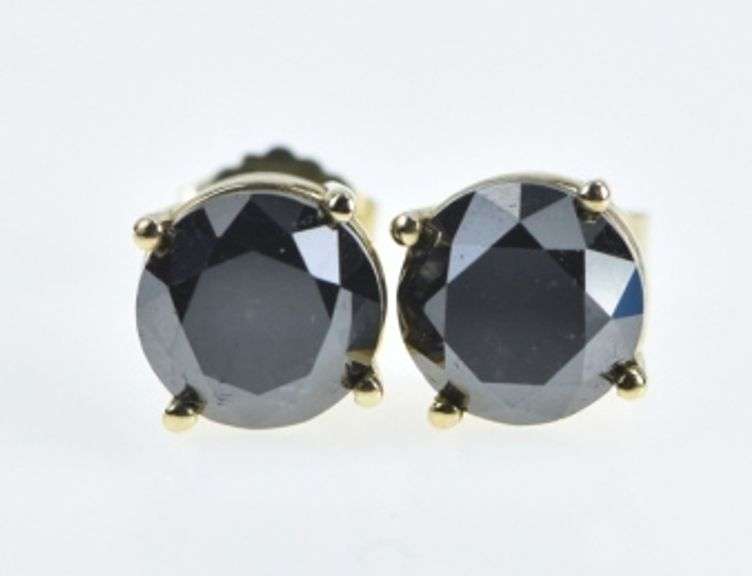 14K Yellow Gold Round Hematite Faceted Stud Vintage Earrings