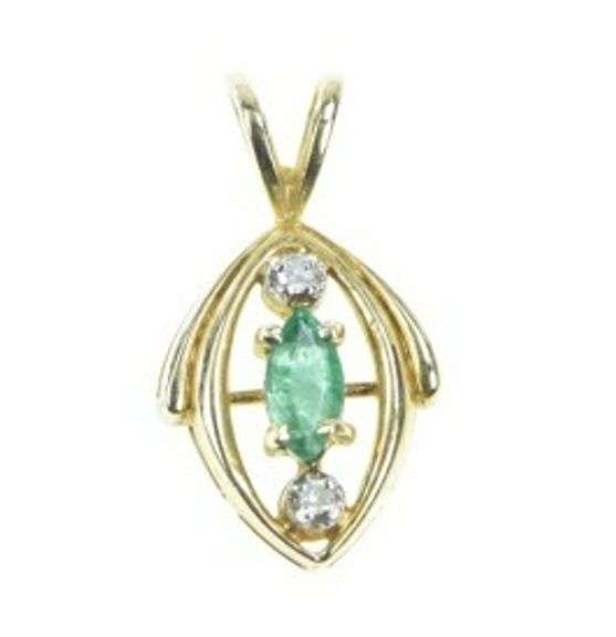 14K Yellow Gold Marquise Emerald Diamond Accent Pendant