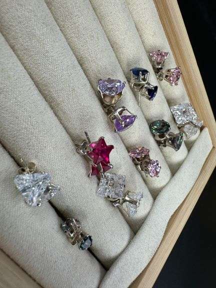 Sterling Silver CZ Earrings Lot of 10 Pairs Various Sizes and Styles