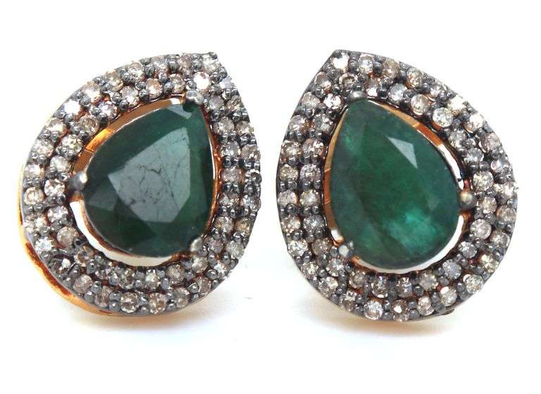 Glittering Teardrop Emerald Earrings with Gold Plated Silver and Diamond Accents