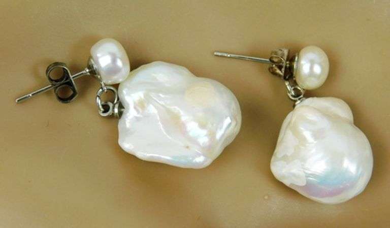 Big White Baroque Pearl Sterling Earrings