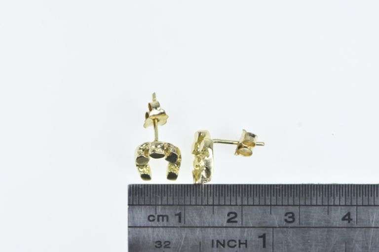 14K Yellow Gold Textured Nugget Horse Shoe Vintage Stud Earrings