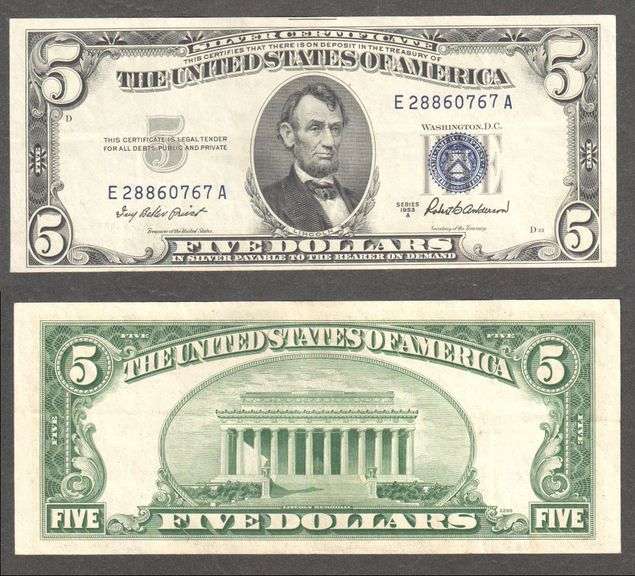$5 1953-A Silver Certificate blue seal and serial numbers AU