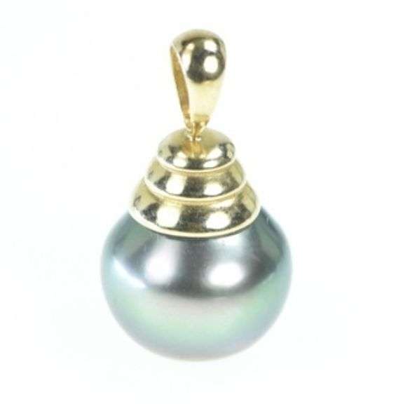 14K Yellow Gold 13.7mm Tahitian Pearl Vintage Drop Pendant