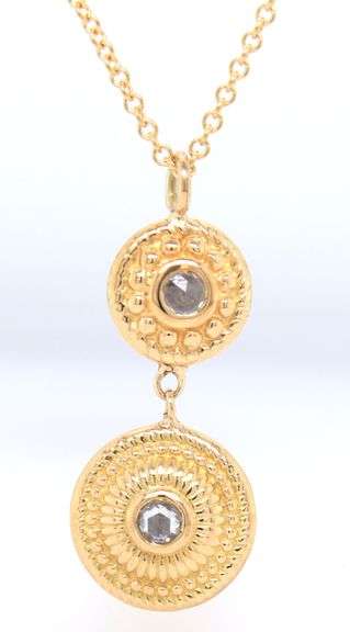 18kt Yellow gold rose cut diamond double disc pendant on chain necklace