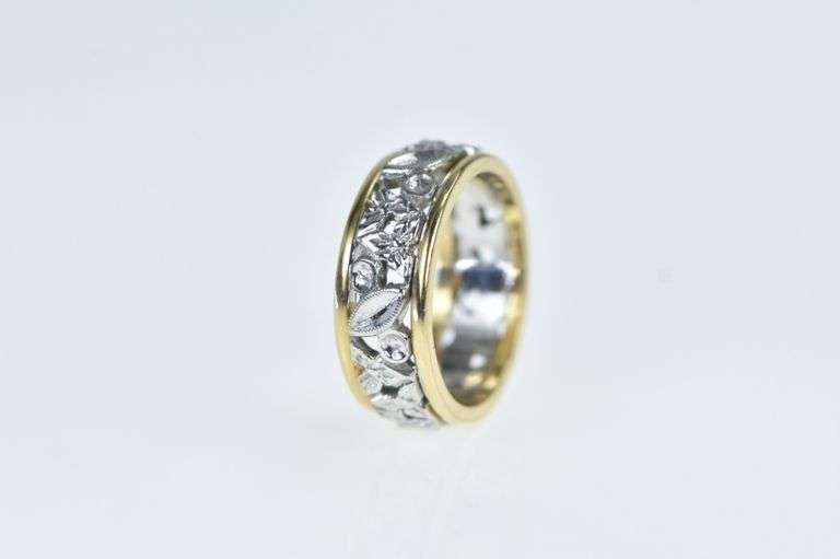 14K Yellow Gold NOS Two Tone Ornate Floral Band Ring