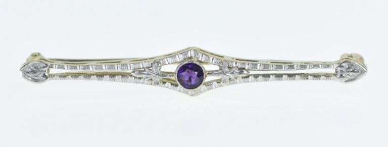 14K Yellow Gold Art Deco Amethyst Ornate Classic Pin/Brooch