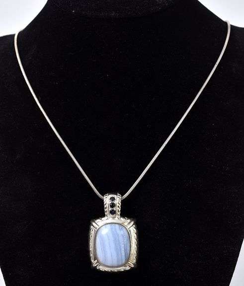 Purple Agate and Blue Sapphire Gemstone Pendant Necklace in Sterling Silver