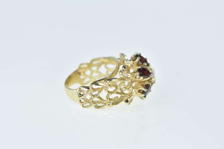 14K Yellow Gold Opal Garnet Halo Cocktail Heart Filigree Ring