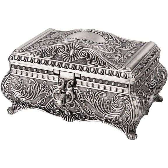 Vintage Zinc Alloy Engraved Jewelry Trinket Box