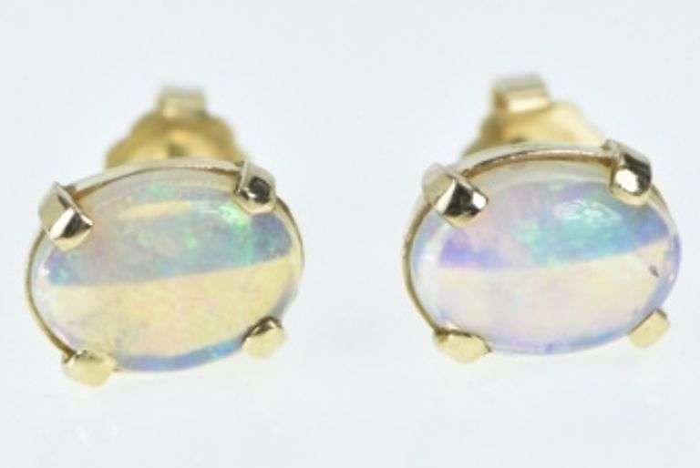 14K Yellow Gold Oval Natural Opal Vintage Stud Earrings