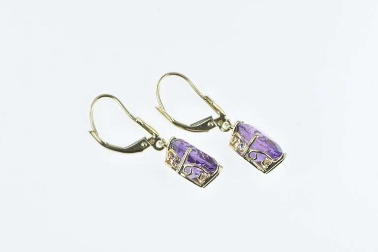 14K Yellow Gold Oval Amethyst Vintage Dangle Ornate Earrings