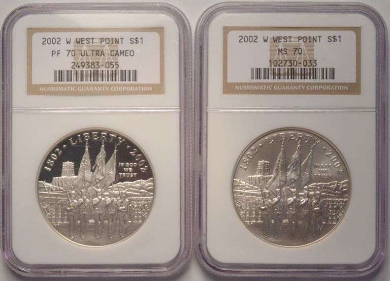 2002 West Point Commemorative Silver Dollars Uncirculated And Proof NGC PF/MS70