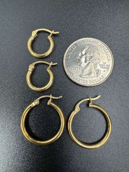 10k Yellow Gold Hoops 2 Pairs- 20mm & 13mm; Leverback