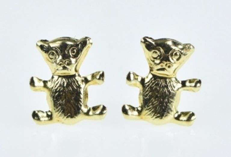 14K Yellow Gold Teddy Bear Stuffed Animal Kids Toy Stud Earrings