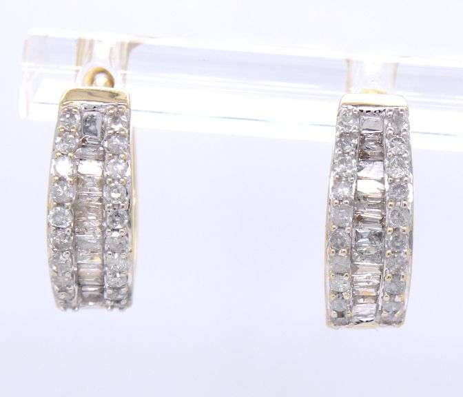 10kt Yellow gold RBC and baguette Huggie hoop earrings