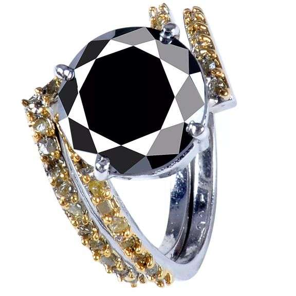 14 Kt White Gold Plated 4 Ct Black Moissanite and Natural Yellow Diamond Engagement Ring