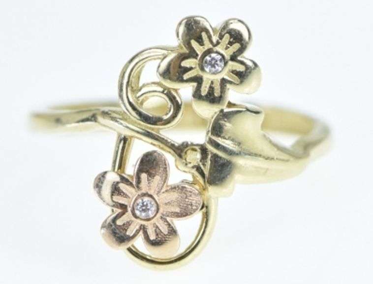 14K Yellow Gold Black Hills Flower Daisy Diamond Swirl Bypass Ring