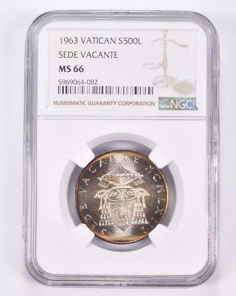 MS66 1963 Vatican 500 Lire Silver Sede Vacante NGC Toned!