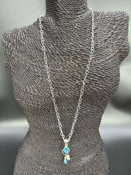 Sterling Silver Natural Blue Topaz Gemstone Pendant w/ Italian Heart Chain 26"