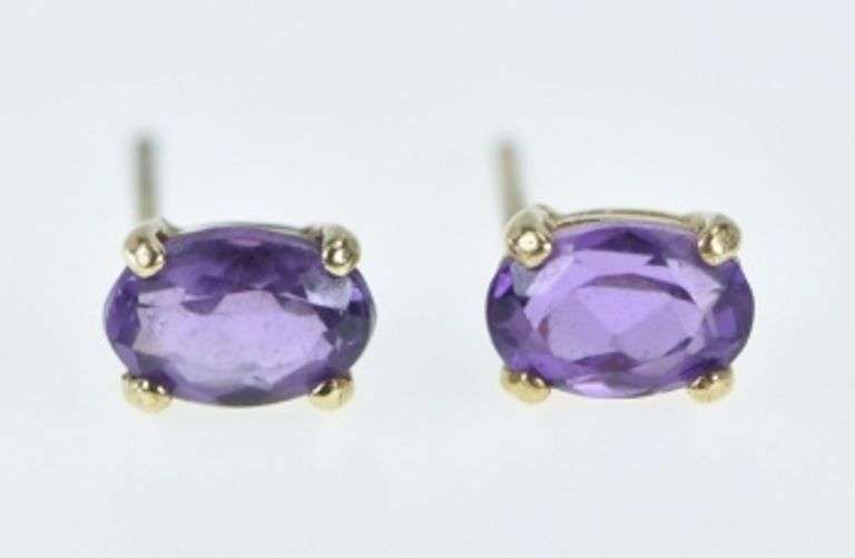14K Yellow Gold Oval Amethyst Vintage Solitaire Stud Earrings