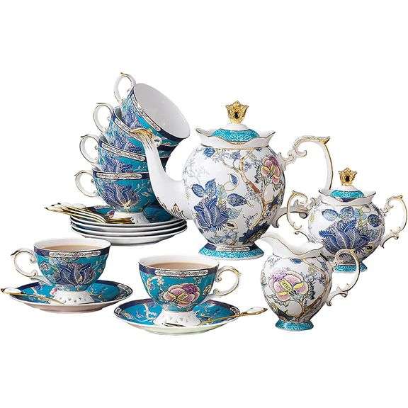 Blue Floral Bone China Tea Set