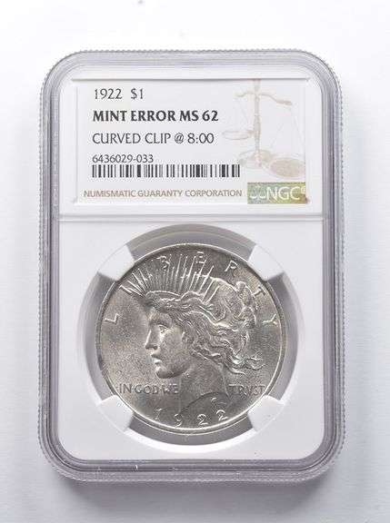 Error MS62 1922 Peace Silver Dollar Curved Clip @ 8:00 NGC